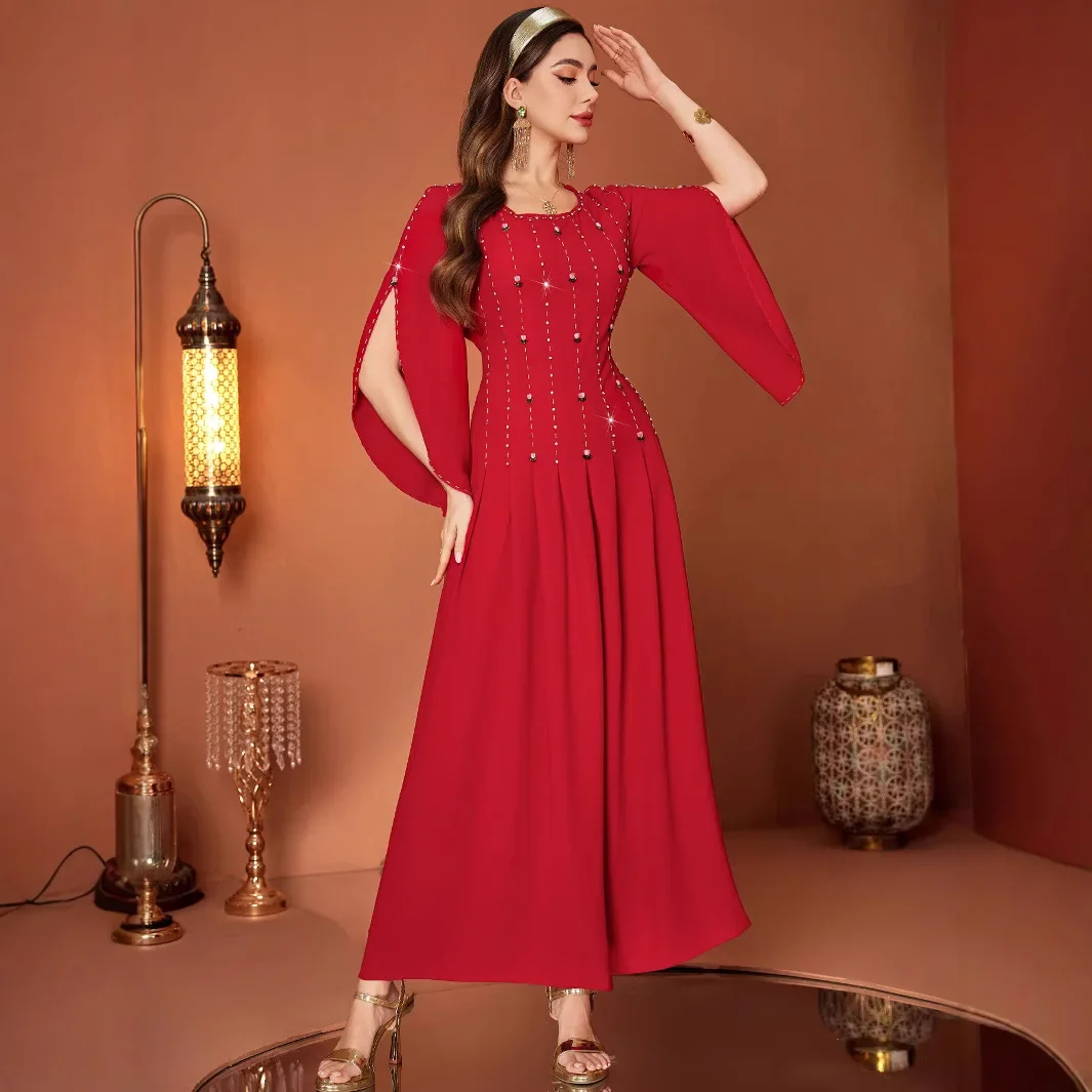 ชุดเดรสอีดสำหรับผู้หญิงมุสลิม อาบายะ ปักมือประดับเพชร งานปาร์ตี้ ชุดเดรสยาว คาฟตัน จาลาบียะ รอมฎอน ชุดคลุมยาวแบบอาหรับ