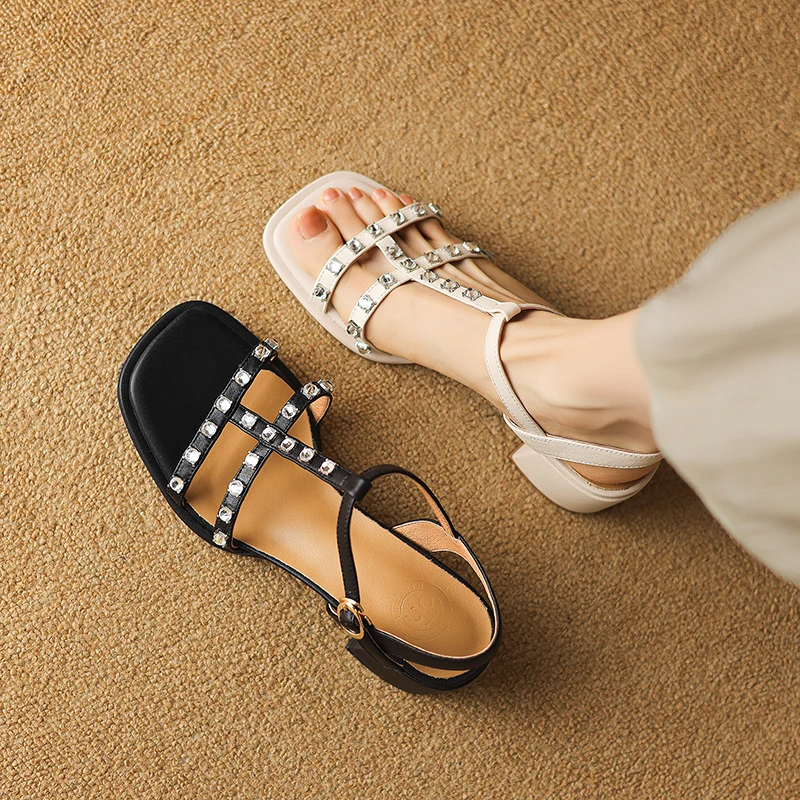 

Sandals Women Soft Suede Square Toe Crystal T-Bar Strap Mid Heel Fashion Versatile Dress Shoes