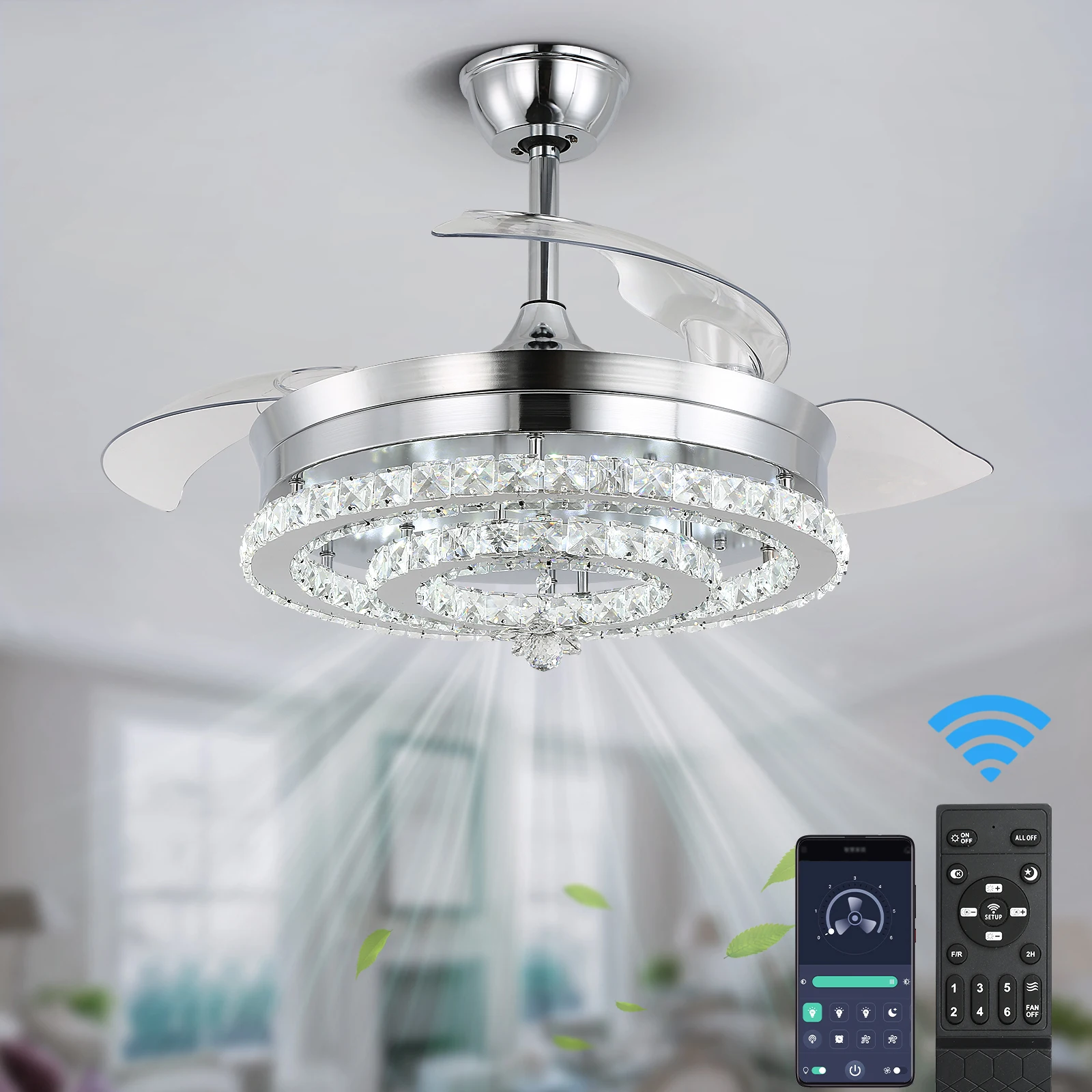 Imagem -05 - Lâmpada Moderna do Ventilador de Teto com Luz Led Candelabro Retrátil Lâminas Invisíveis Regulável Cristal Timing Home Decor