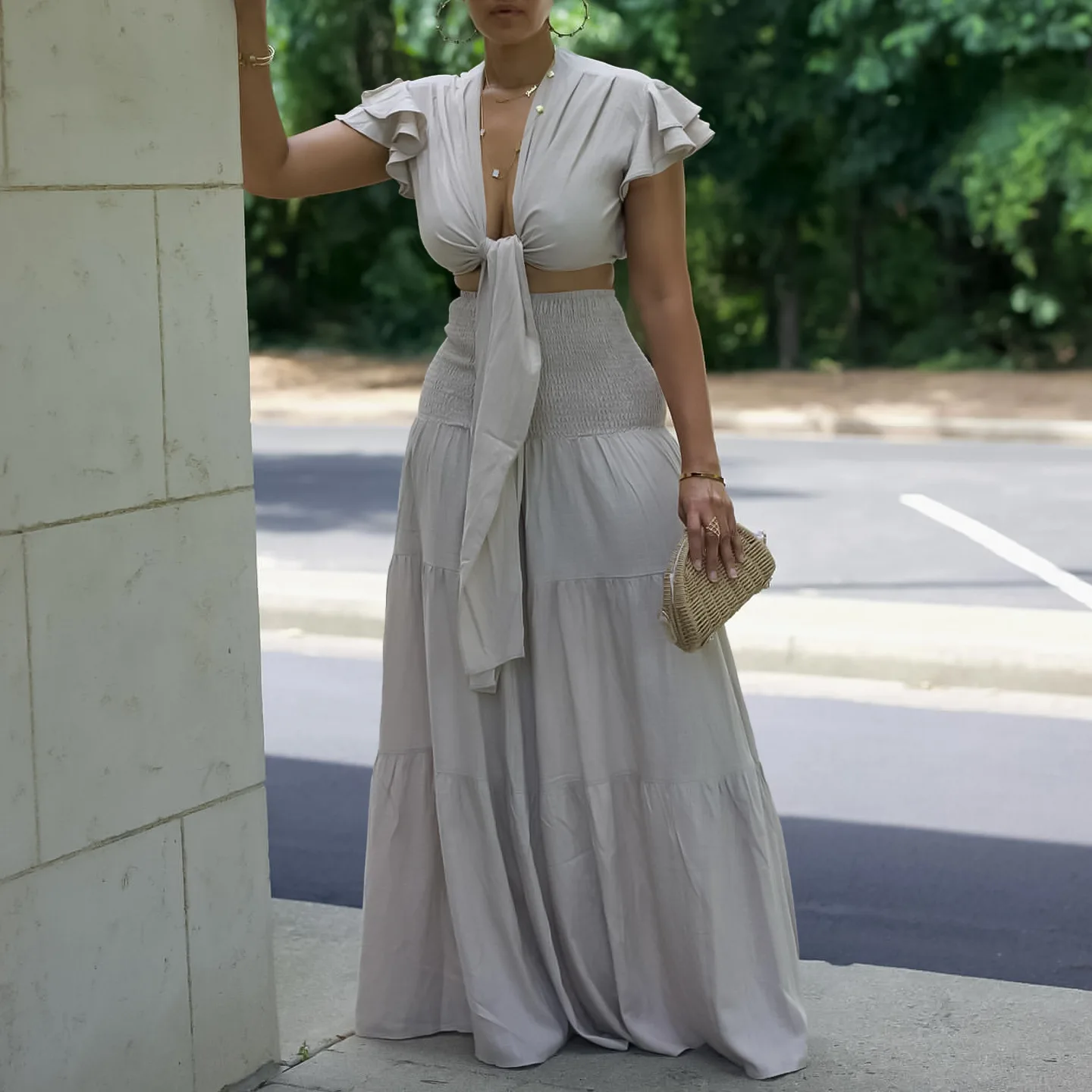 

C85862026 New Short-sleeve Tie-top Wide-leg Pants Plus Size Two-piece Set Evening Dresses Luxury Party Clothing