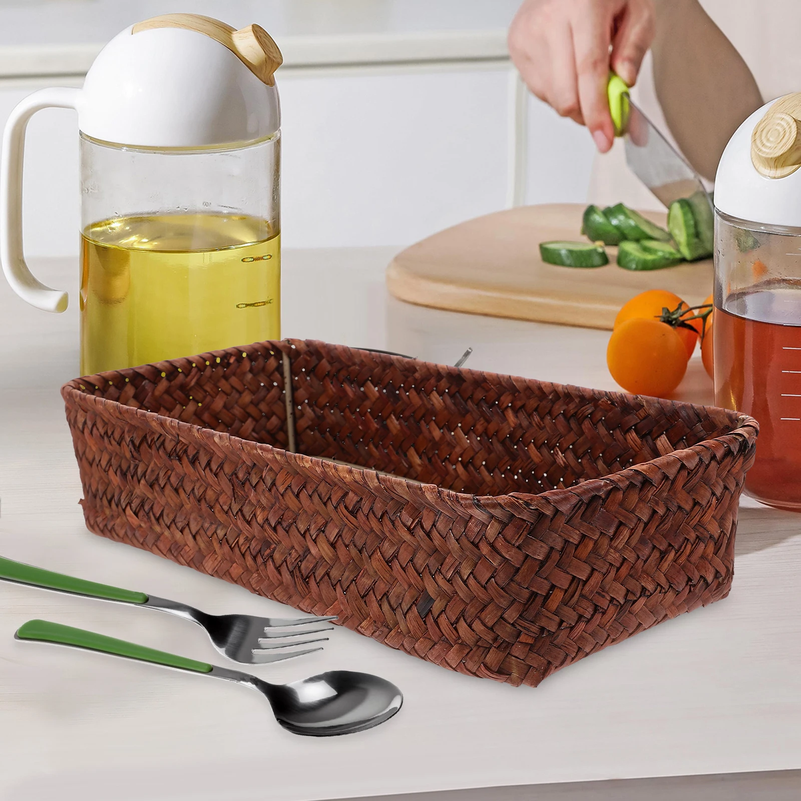 

Woven Cutlery Storage Basket Rustic Handmade Organizer Basket for Home Kitchen Desktop Sundry Storage Household Woven Box