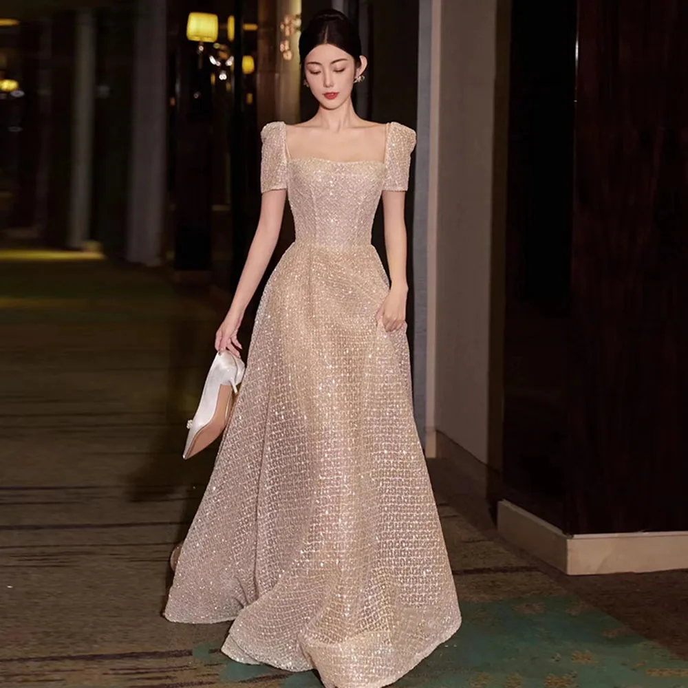 

Elegant Light Luxury Champagne Evening Dress Women's 2024 New Square Collar Prom Gown Short Sleeves Floor Length A-Line Vestido