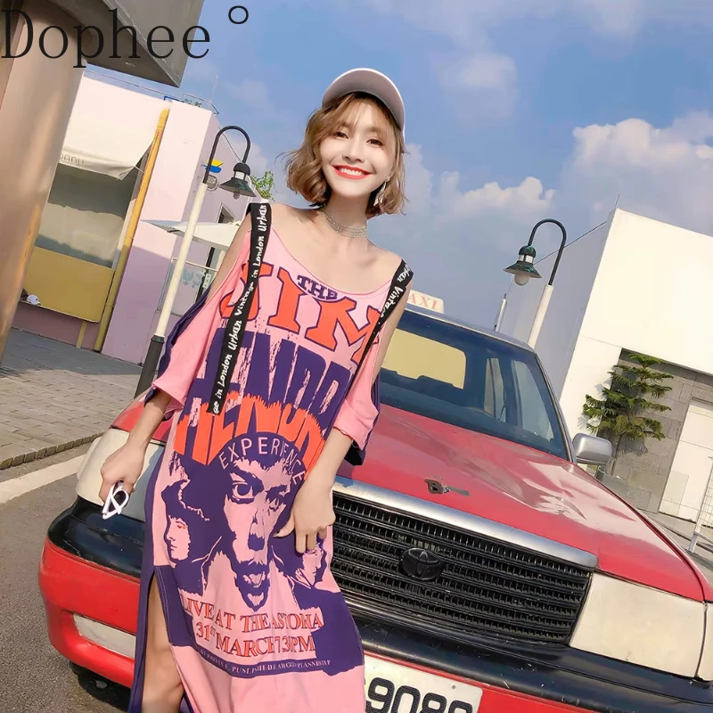 Thailand Fashion 2025 New Summer Off-the Shoulder Slash Neck Ultra Long T-shirt Top Mid-long Loose Strap Short Sleeve Dress