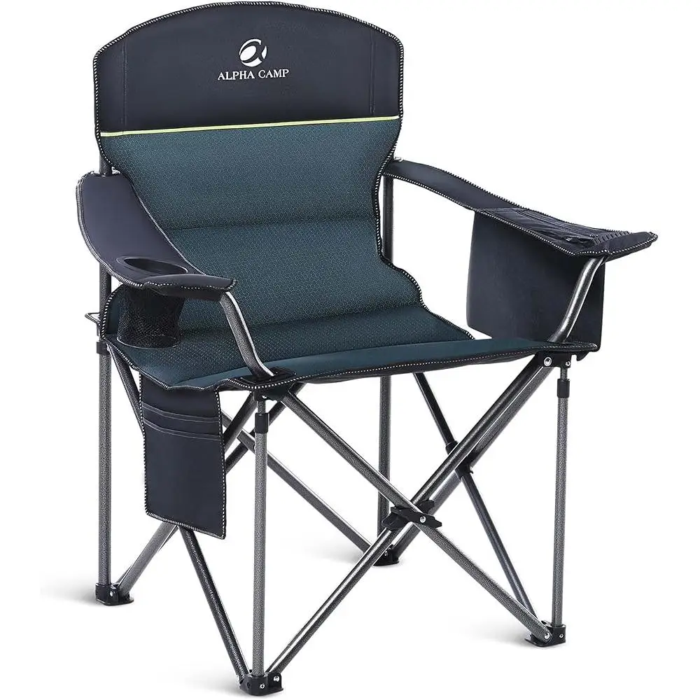 Oversized Heavy Duty Camping Chair with Cooler Bag Padded Armrest Support 450lbs Steel Frame Folding Collapsible Outdoor Comfort