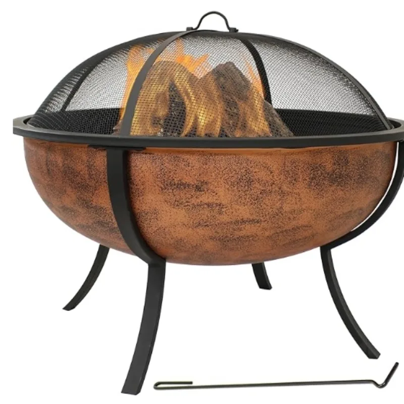 32-Inch Steel Fire Pit Bowl - Includes Spark Screen, Wood Grate, and Poker - High-Temperature Copper Finish