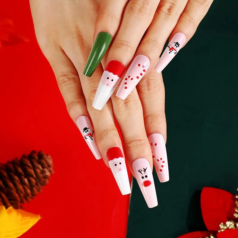 24pcs/set long fake nails for Christmas santa claus snowflakes deers snow man faux ongles press on acrylic false nail supplies