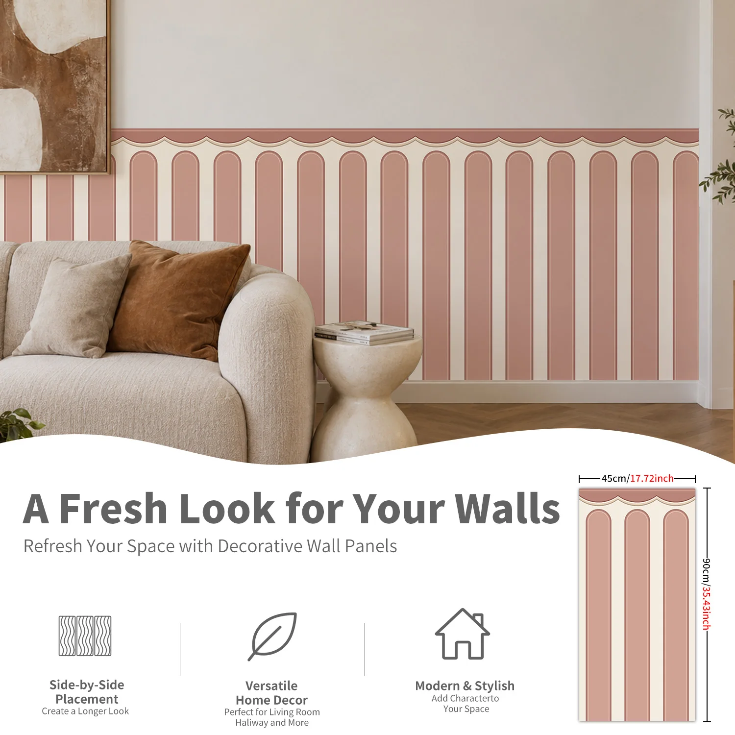 Wavy Edge Striped Wall Sticker, Blush Pink Cream, 17.72 x 35.43 Inch, Seamless Splicing, for Living Room Wainscoting