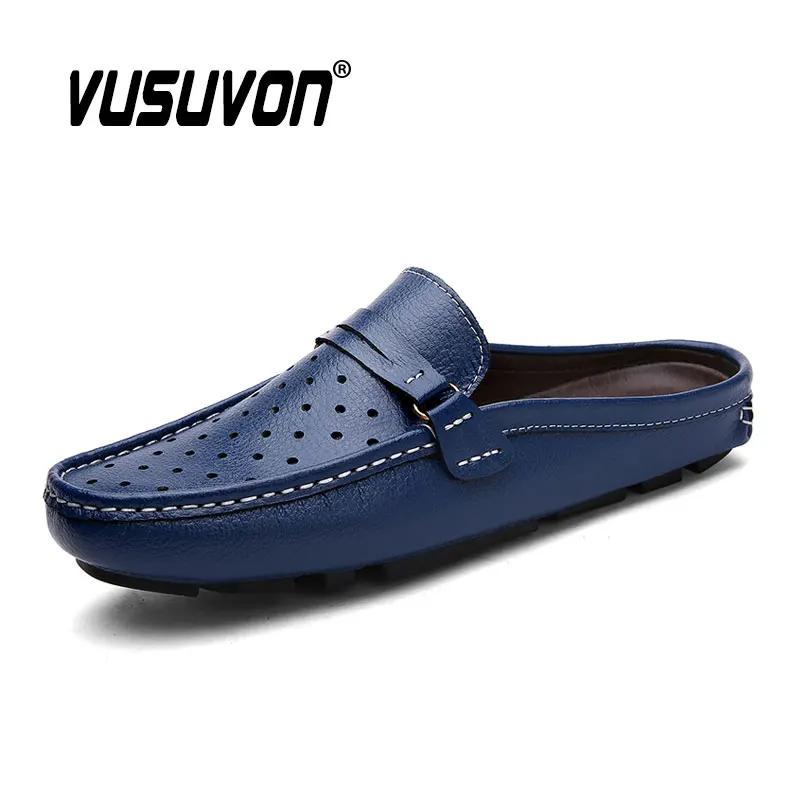 Summer Men Shoes Casual Brand Penny Loafers Genuine Leather Half Slipper Breathable Slip on Lazy Driving Moccasins 2022 Fashion