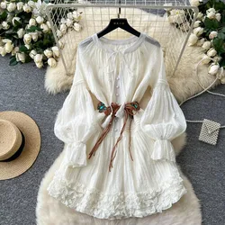 Elegant V-neck Lace-up Single Breasted Vintage Lantern Sleeves Chic Ruffle Slim Short Dress French Vacation High Street Clothing