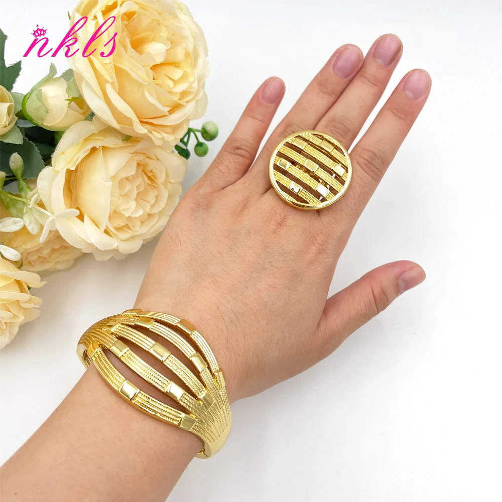 

African Gold Color Jewelry Set for Women Arab Dinner Party Cuff Bangle and Ring Dubai Weddings Bride Jewelry Accessories Gifts