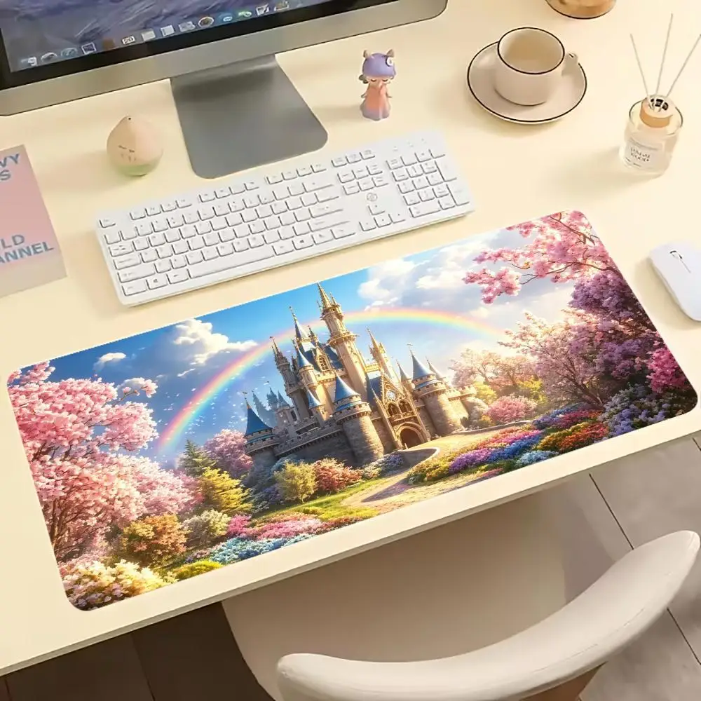 Magical Fairy Tale Castle Print Gaming Mouse Pad Large Desk Mat Anti-Slip Rubber Base Stitched Edge Keyboard Mat For Workstation