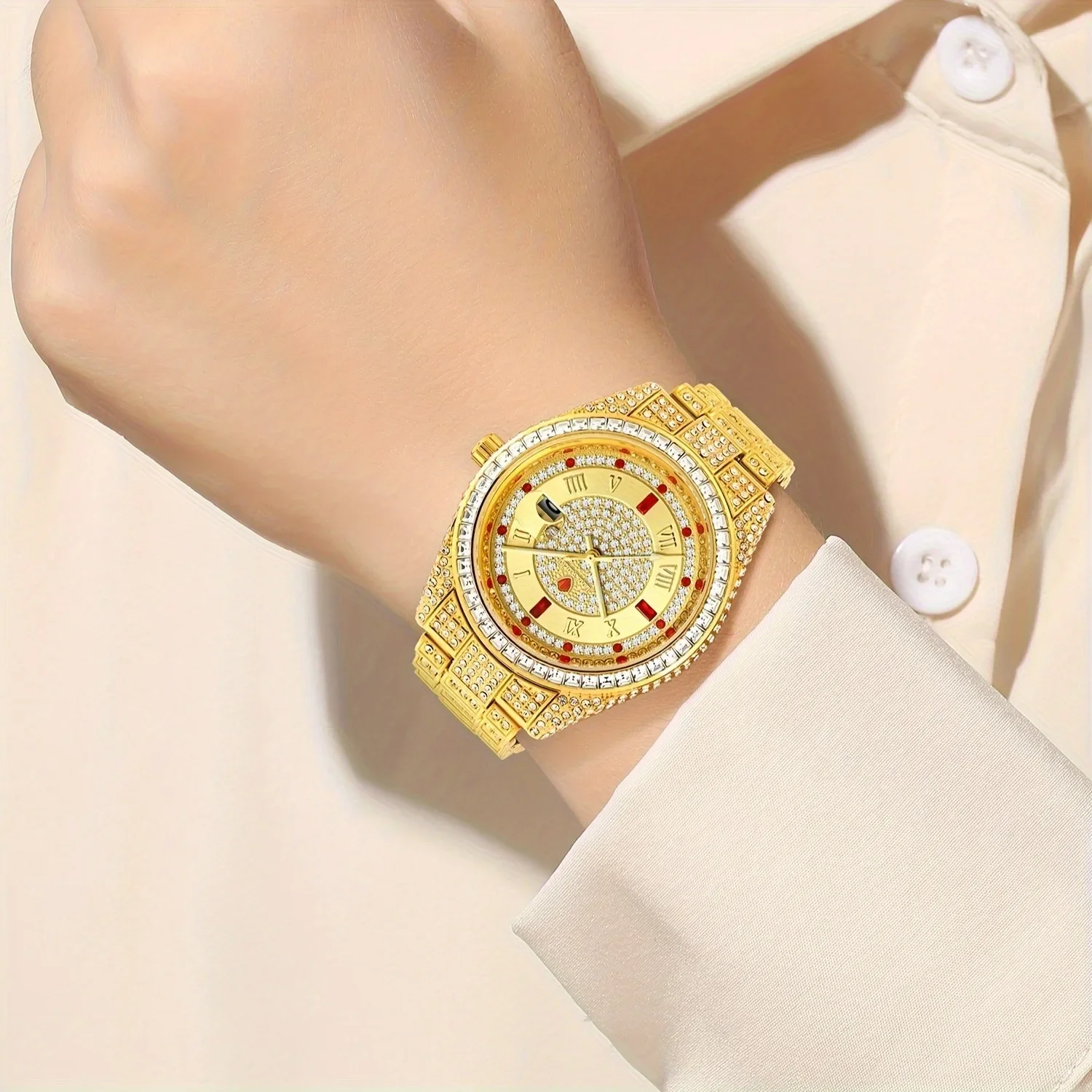 LOOKWORLD-Luxury Quartz Watch with Rhinestone Accents, Water-Resistant, Round Case, Stainless Steel Strap, Pointer Display