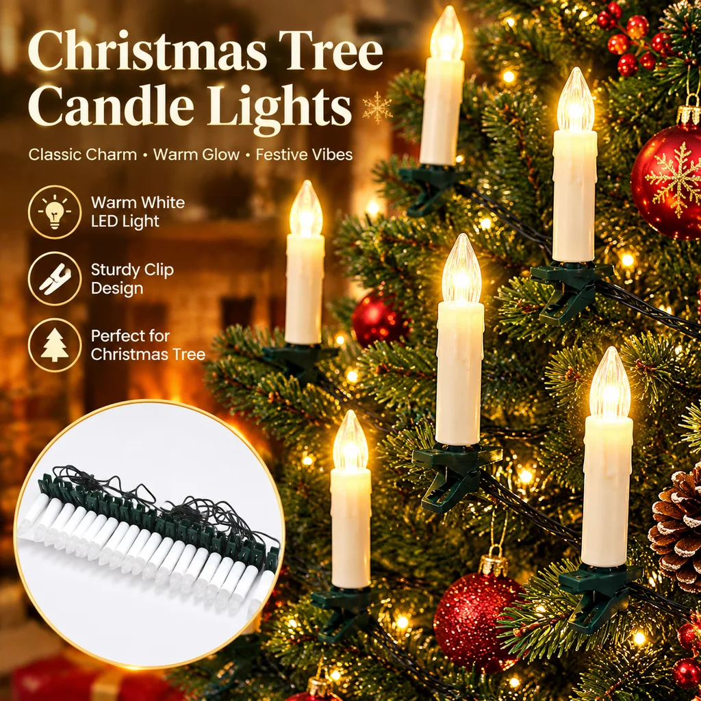 10/20LED Flameless Taper Candle String Lights with Clips Christmas Tree Hanging Ornaments Party Home Decoration
