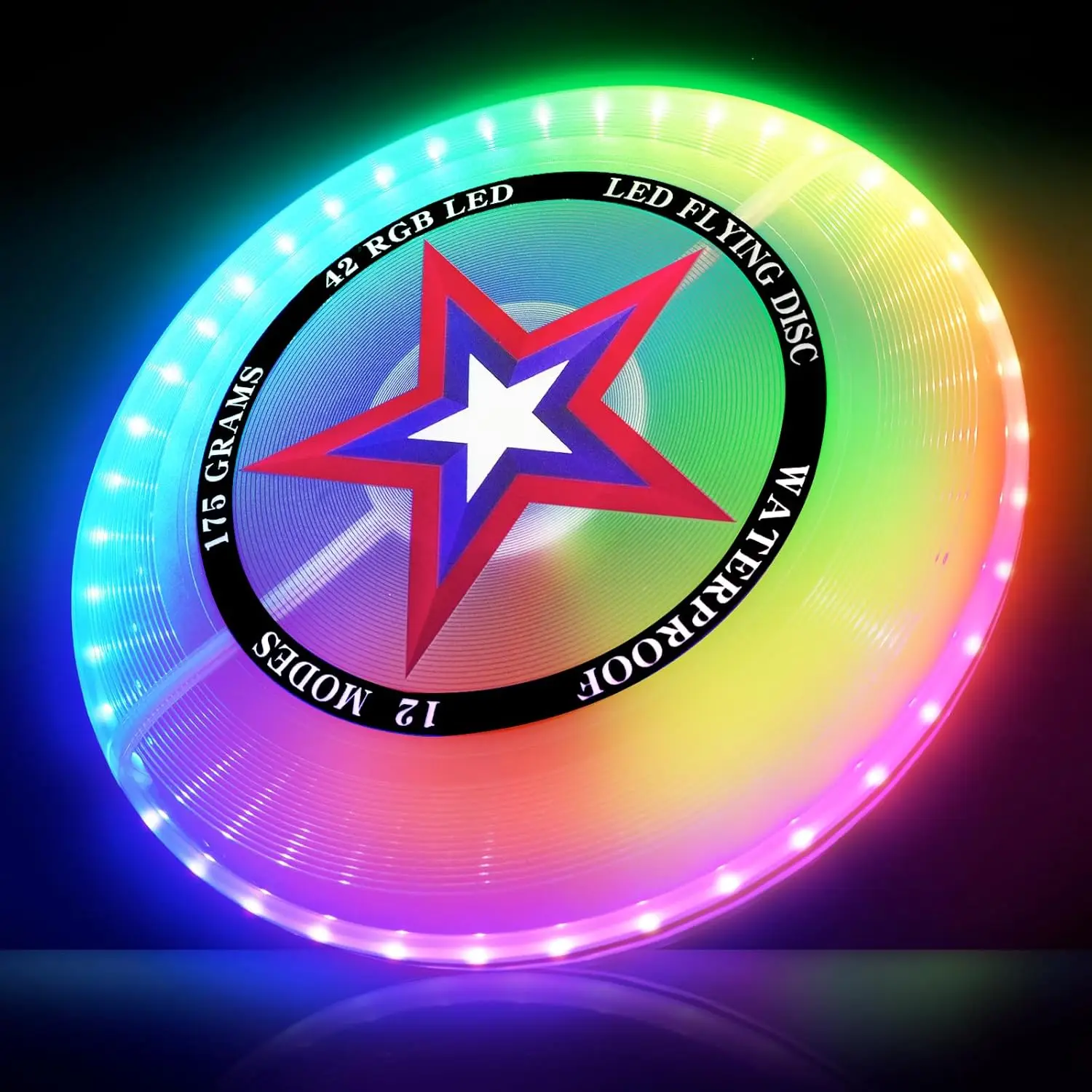 

LED Flying Disc with Colors, 42 LEDs, 12 Lighting Modes, Rechargeable & Water-resistant, Outdoor Toys Camping Lawn Yard Games