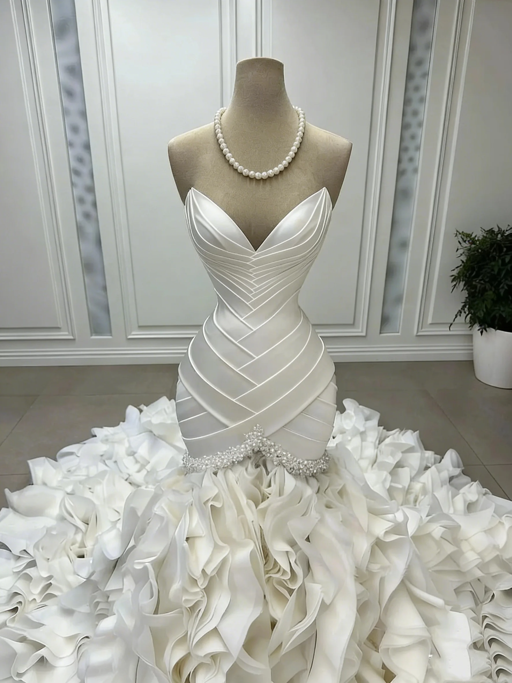 Luxury Mermaid Wedding Dress Ruffled Puffy Pearls Beads Bridal Gowns Dubai Sleeveless Vestidos De Novia De Customized