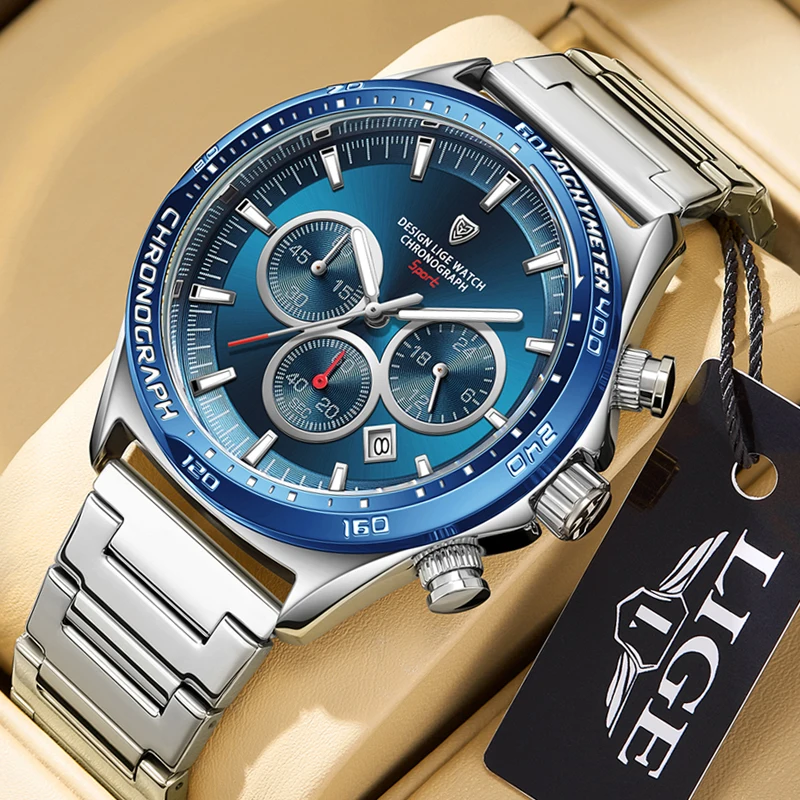 2024 LIGE Mens Watches Fashion Top Brand Luxury Business Quartz Watch Auto Date Waterproof Chronograph Relogio Masculino+Box