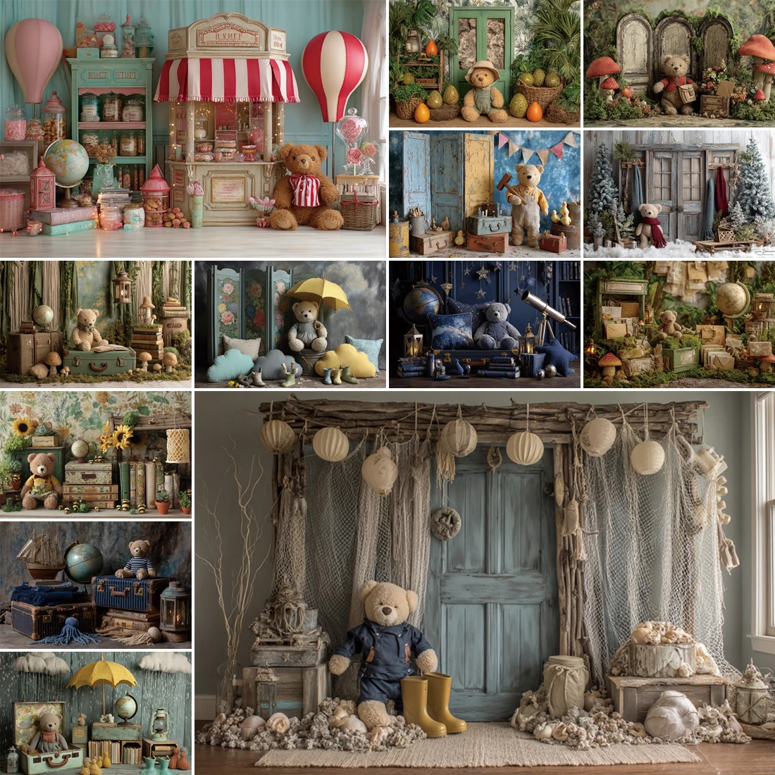 

MOON.QG Teddy Bear Baby Shower Backdrops Photography Birthday Party Decoration Backgrounds Cloud Suitcase Wood Door Photozone