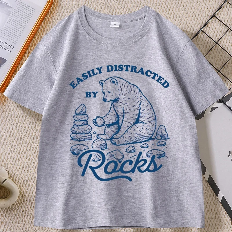 Easily Distracted By Rocks T-Shirt Rock Lover Tee Casual Round Neck Printed Cotton Short Sleeve Tshirts Unisex Streetwear