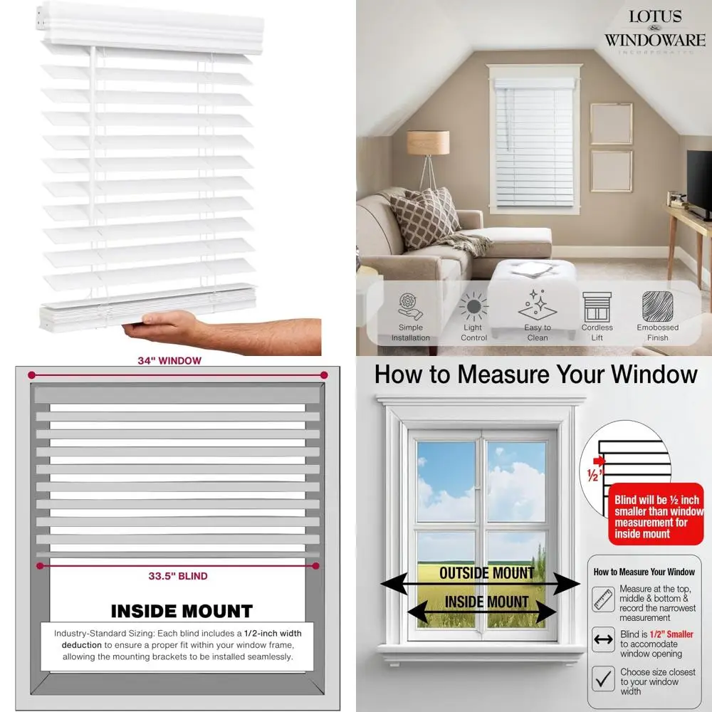 

2 Cordless White Wooden Blinds, 34 W x 60 L, for Indoor Windows