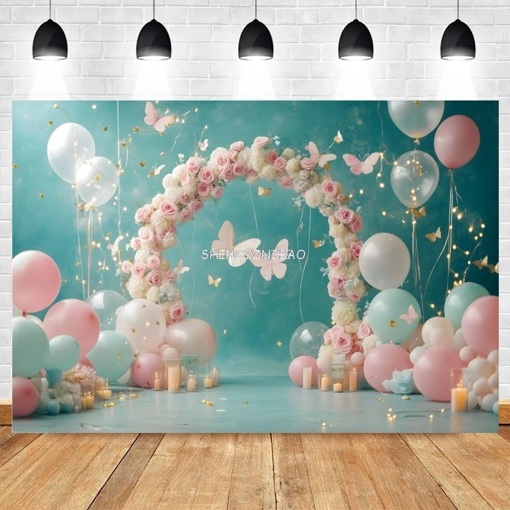 فتاة أول حفلة عيد ميلاد الوردي الذهب بالون خلفية حلوة واحدة الزهور فراشة استحمام الطفل التصوير خلفية CJ-01