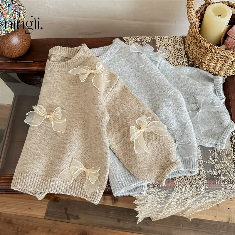 Korean Childrens Clothing 2024 Girls Sweater Autumn New Fashion Girl Korean Fashion Childrens Bow Knit Sweater