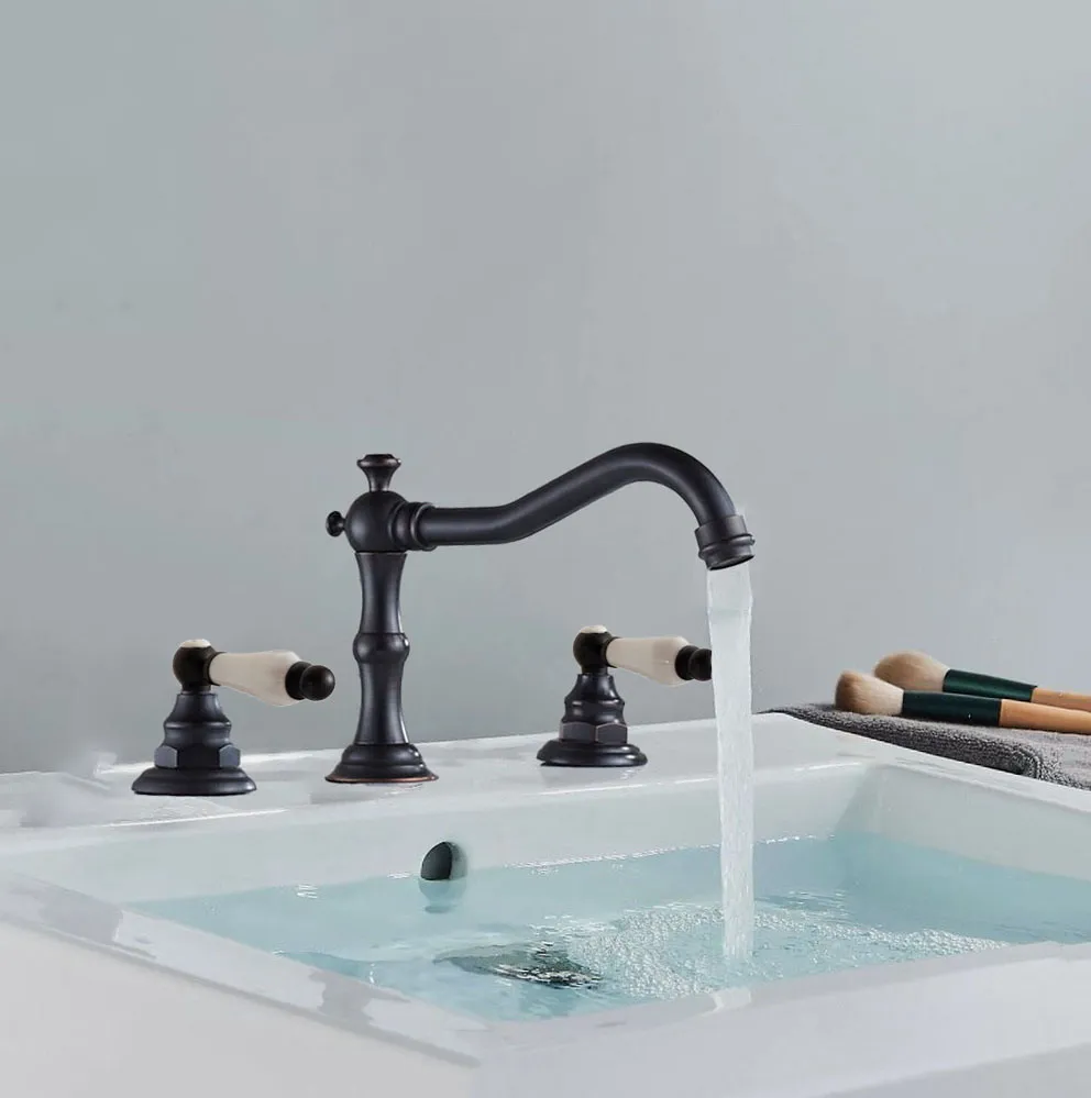 

Oil Rubbed Bronze Widespread Deck-Mounted Tub 3 Holes Dual Ceramic Handles Kitchen Bathroom Tub Sink Basin Faucet Tap mnf088