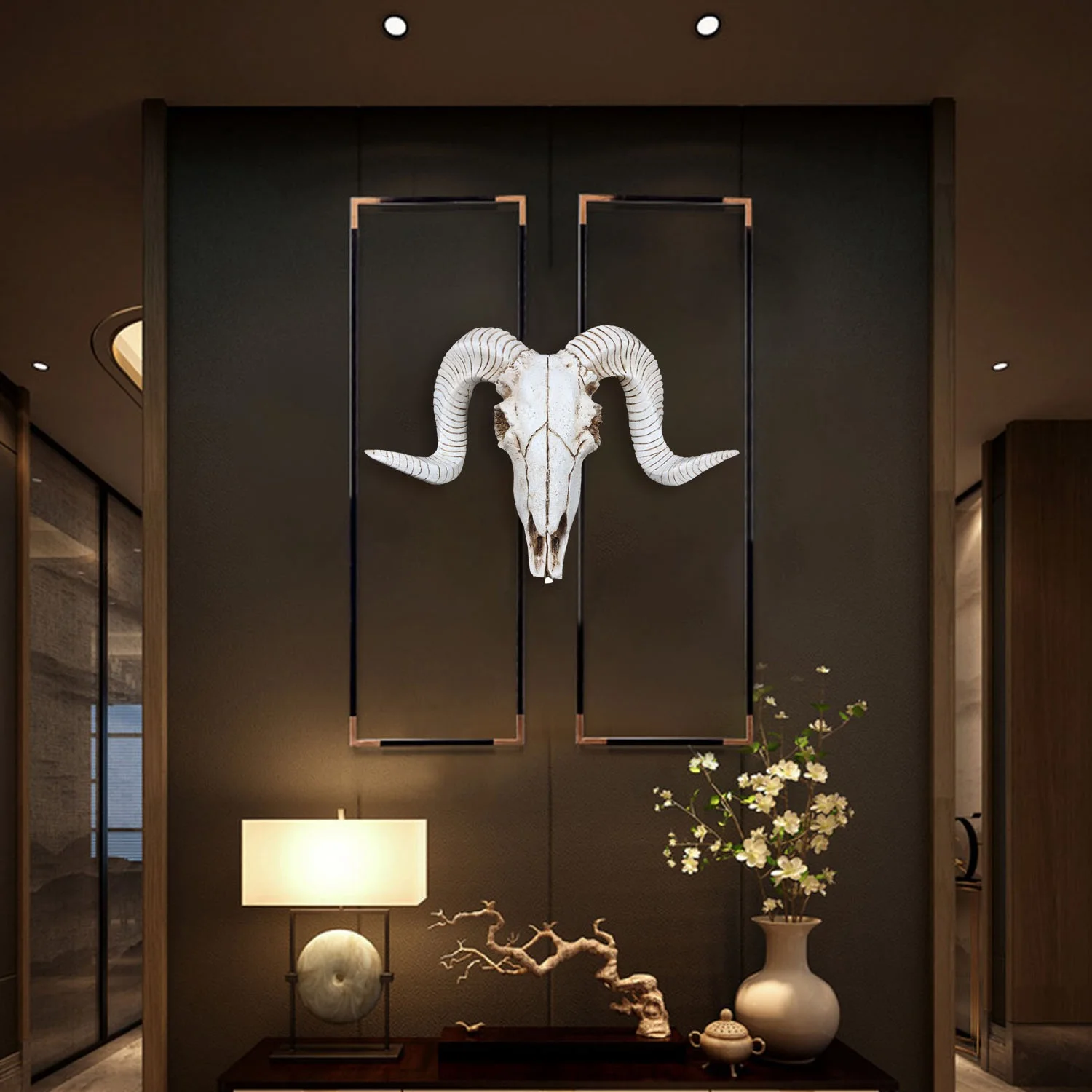 A93Z Creative Resin Sheep Head Skull Head Wall Hanging 3D Animal Longhorn Sculpture Figurines Crafts Horns Home Decor Ornaments