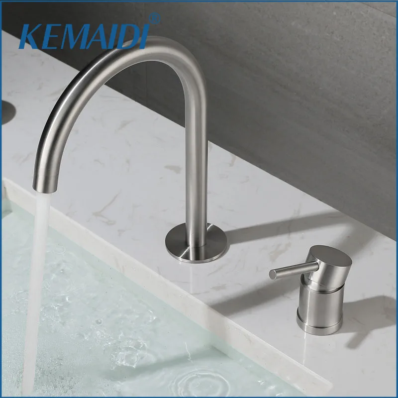 

KEMAIDI Nickel Brushed Bathroom Faucet Double Hole Single Handle Sink Faucet Solid Brass Hot and Cold Water Mixer Tap