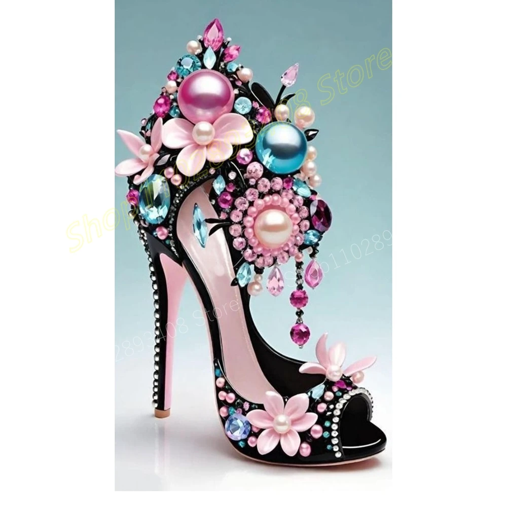 

Pearl Crystals Flower New Design Sandals Open Toe Stiletto High Heel Fashion Sexy Women Shoes 2024 Summer Zapatos Para Mujere