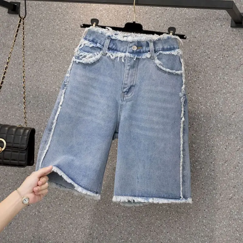 Fashion Jean Shorts Women Oversized Raw Edge Denim Shorts Casual Loose Slimming Straight Leg Five Point Pants Summer Trend Jeans