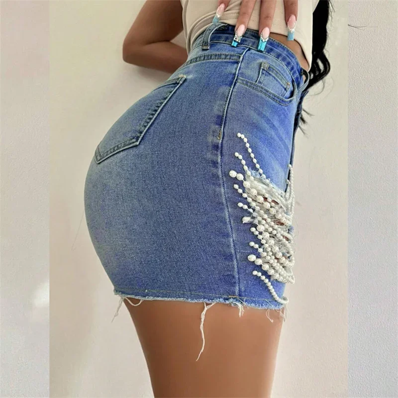 Women Beading Patchwork Decoration Denim Shorts Summer Hip Lift High Waist Three Quarter Pants Female Commuter Casual Mini Jeans