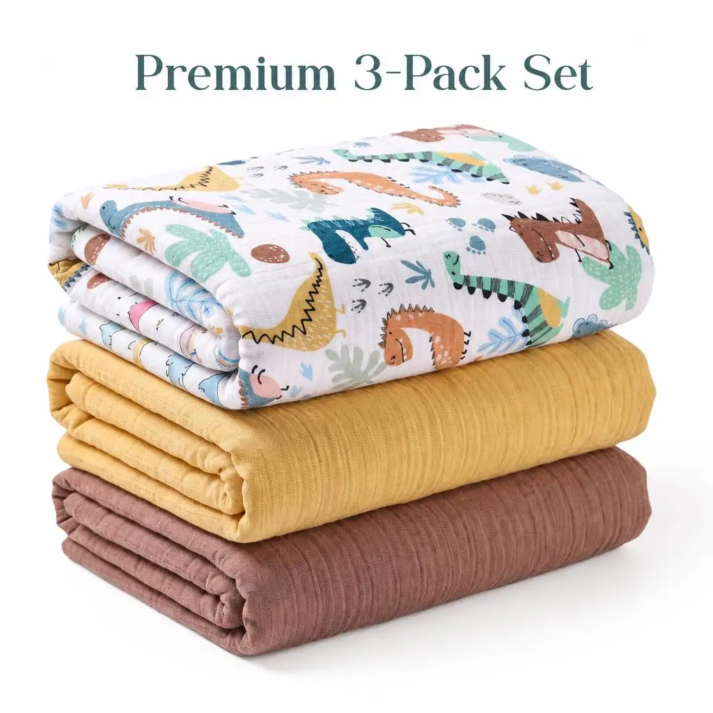 3-Pack Baby Muslin Swaddle Blankets 100% Cotton Soft Breathable Newborn Receiving Blanket Infant Sleep Wrap Swaddling Bath Towel Stroller Cover Nursery Bedding Solid Print Boy Girl Gift