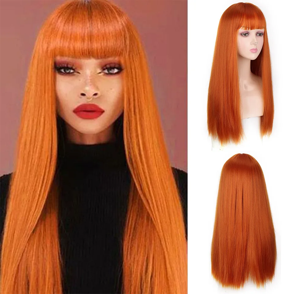 WEIRD Orange Synthetic Wigs Long Straight Wigs With Bangs For Women  Cosplay Party Daily Use Natural Hair