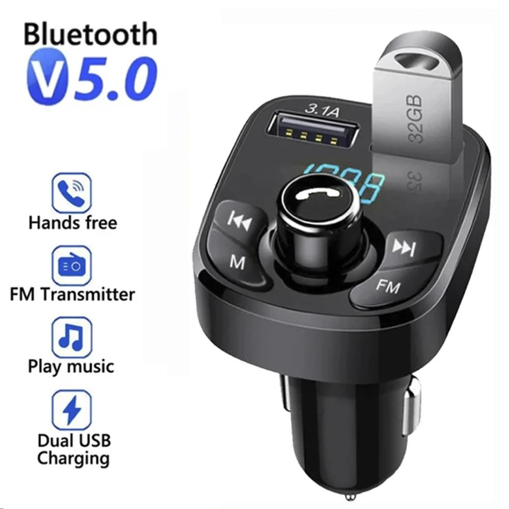 Bluetooth 5.0 Car Charger Dual USB Car Kit FM Transmitter Audio MP3 Player autoradio Handsfree 3.1A 12-24V For iPhone Samsung