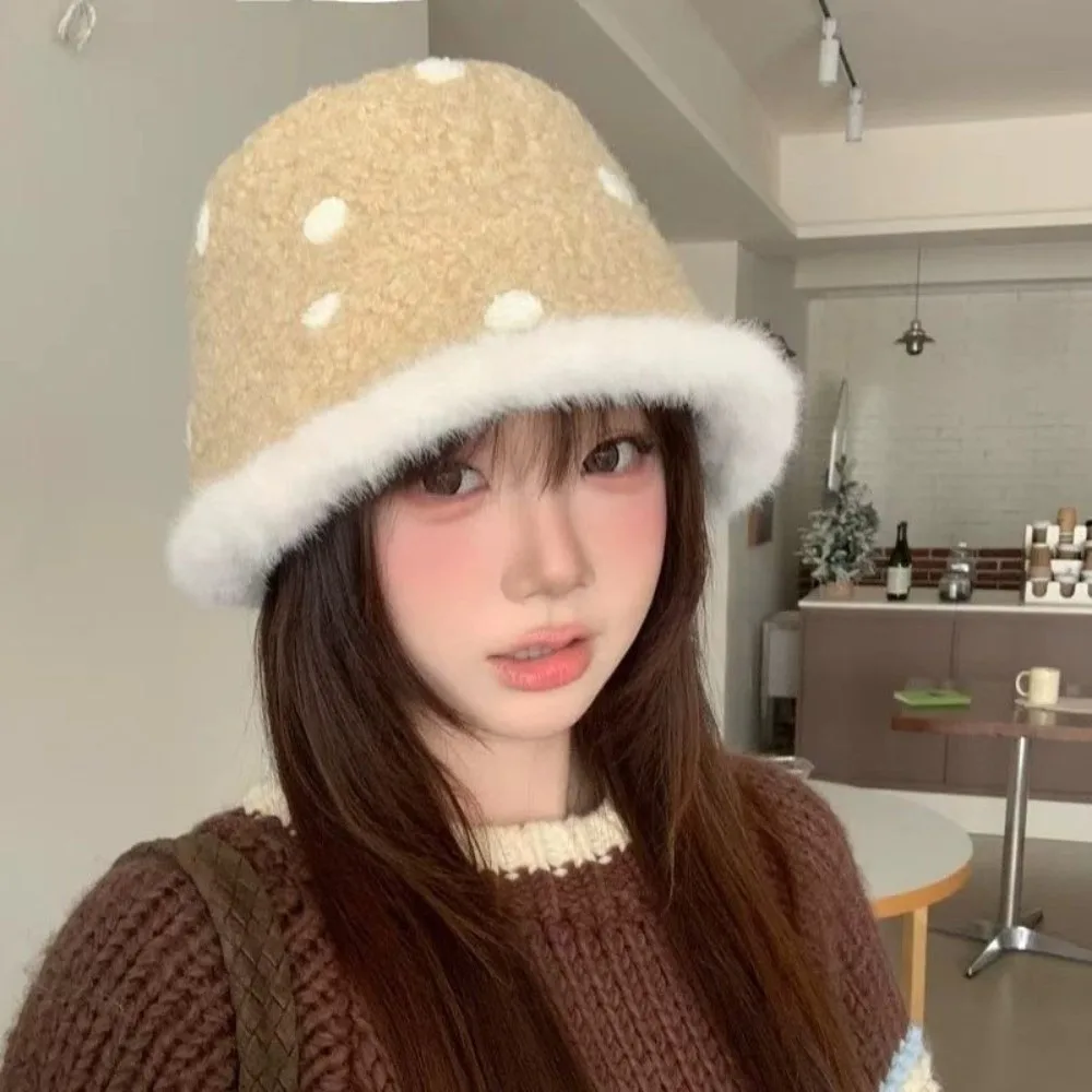 Polyester Faux Lamb Wool Bucket Hat One Size Thick Warm Winter Hat Japanese Style Head Circumference Polka Dot Bucket Hat