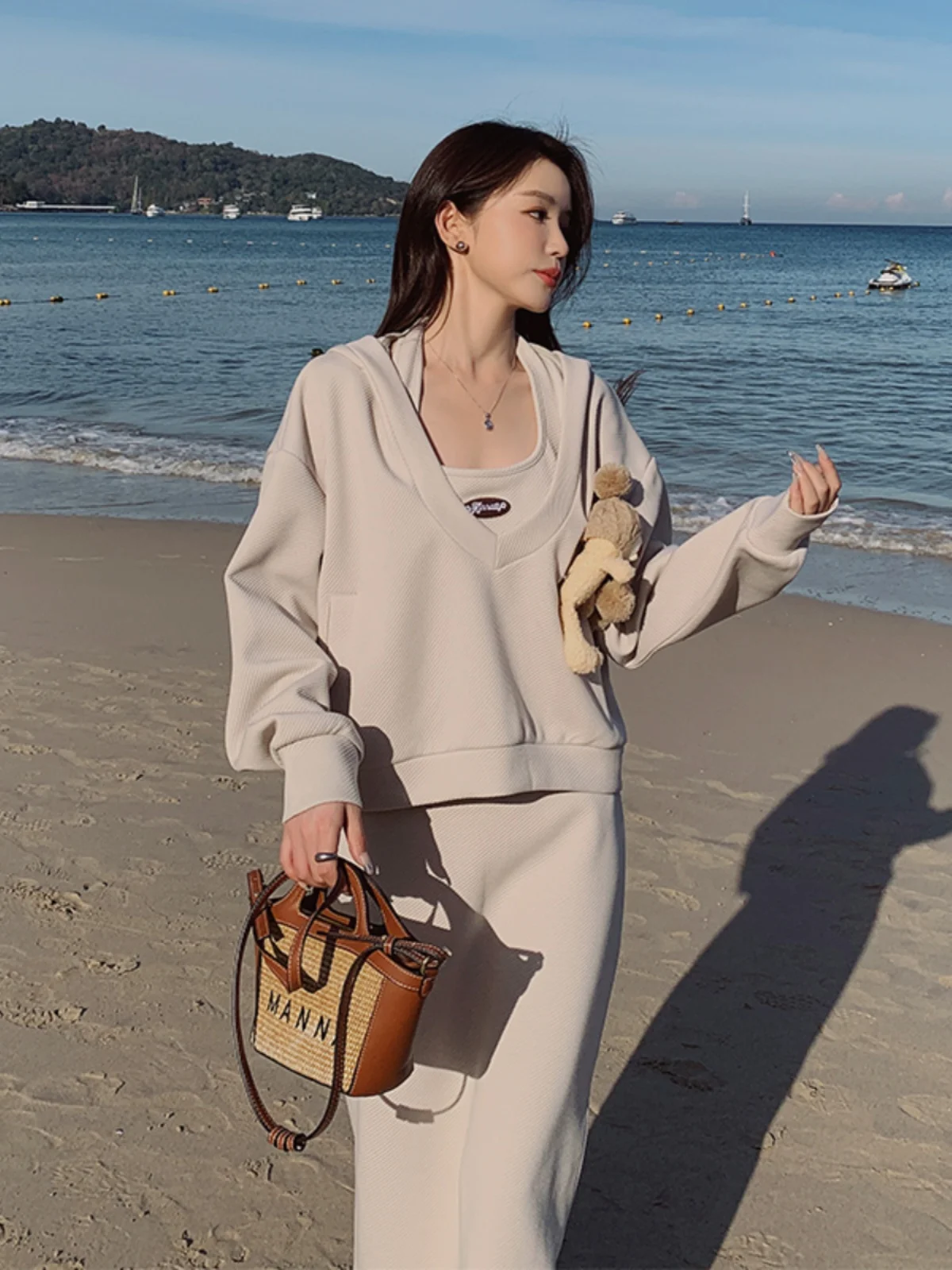 

Bustier Maxi Dr Hoodie Two-Piece Set Women Spring Autumn New Belly Covering Anti-Aging Casual Long Skirt Hang Ne