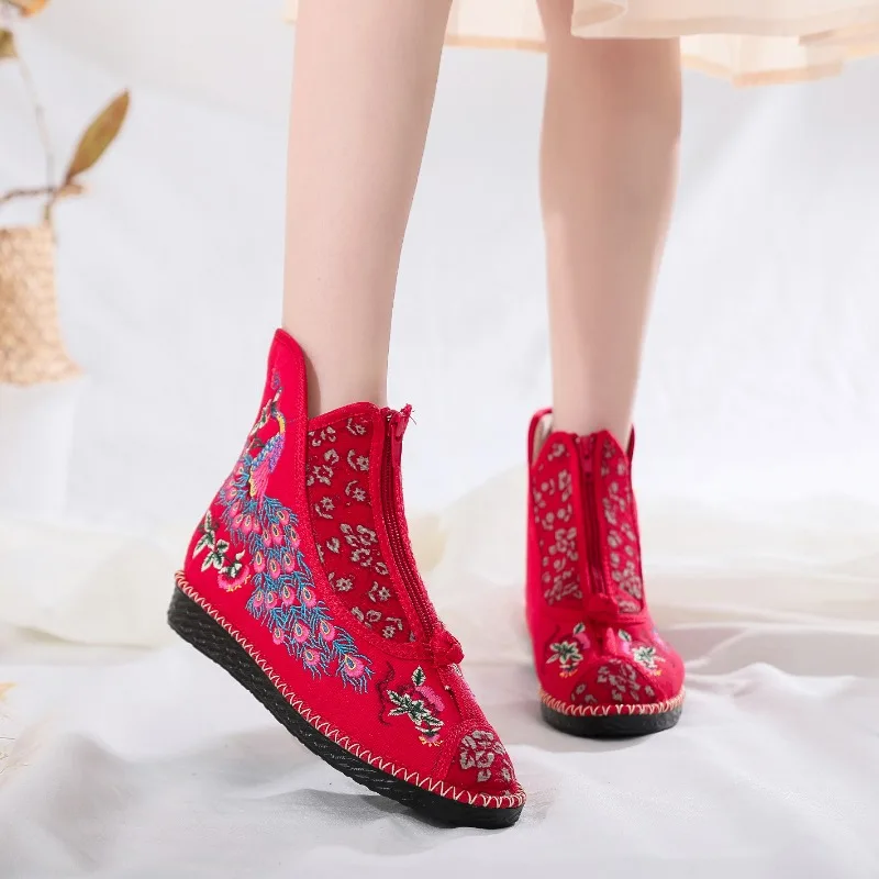 Ankle Boots for Women New Spring and Autumn Flat Bottom Cloth Shoes Ethnic Style Low Barrel Short Boots Embroidered Shoes Women