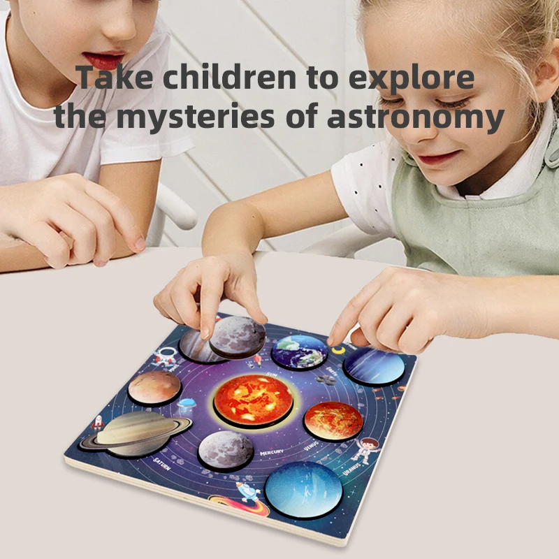 Crianças de madeira espaço planeta quebra-cabeças sistema solar planetas brinquedos planeta jogo correspondência jigsaw bandeja universo ciência aprendizagem brinquedo