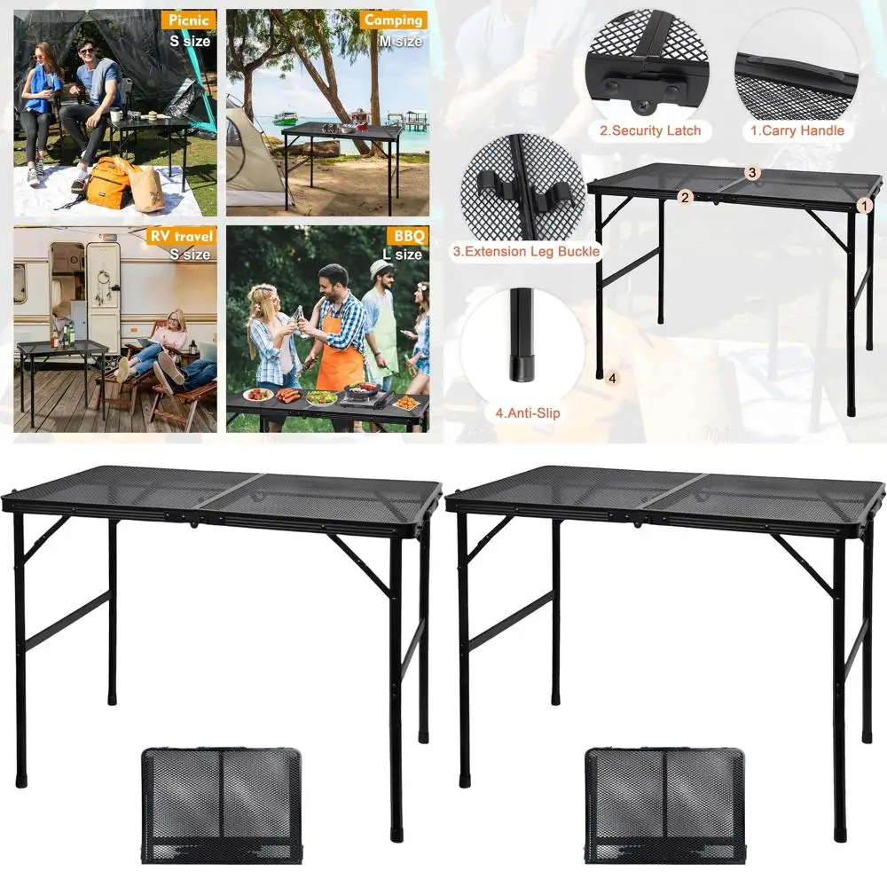 

Adjustable Height Portable Outdoor Camping Table with Mesh Surface for Grilling, Cooking, and Picnics - Black