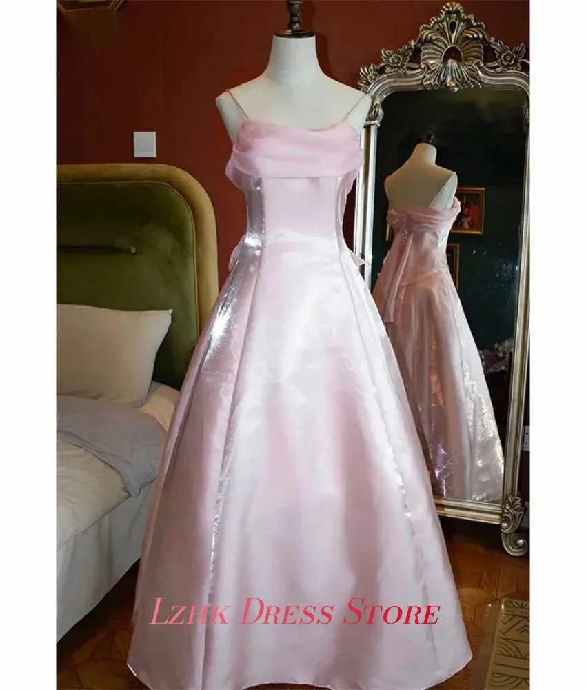 تخصيص مثير الساتان ألف خط السباغيتي الأشرطة مساء اللباس جودة عالية حمالة أكمام الطابق طول فساتين المشاهير