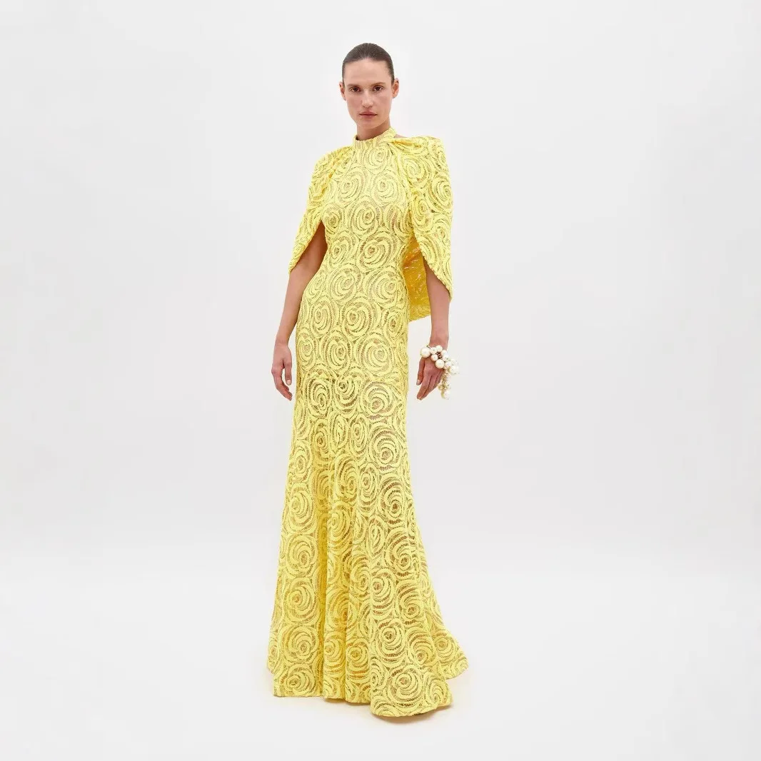 

High Quality 2026 Women Rose Lace Cape Sleeve Maxi Dress 2-Piece Set Formal Evening Dress