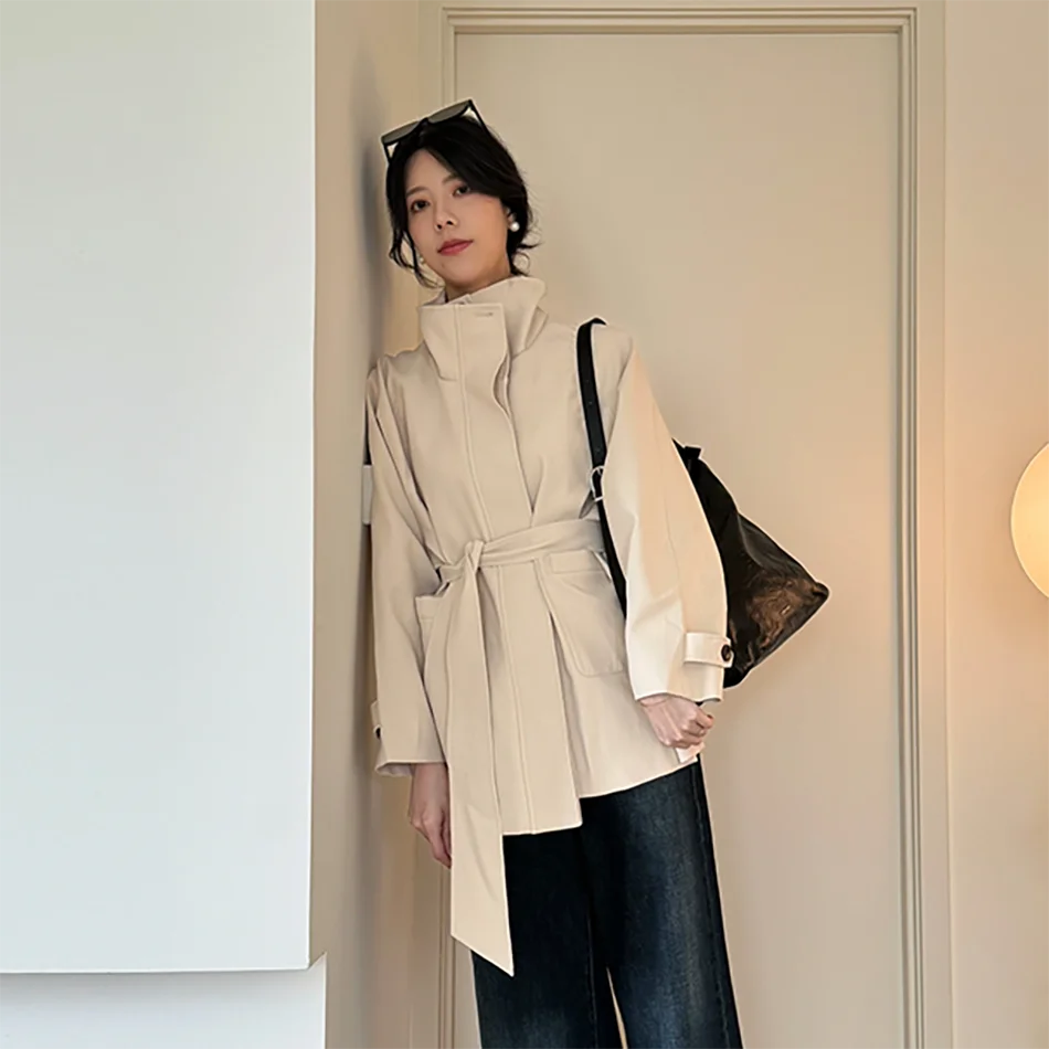 

2025 Spring Fall Mid Long Draped British Trench Coat Women Stand Collar Blazer Style Trendy Outerwear
