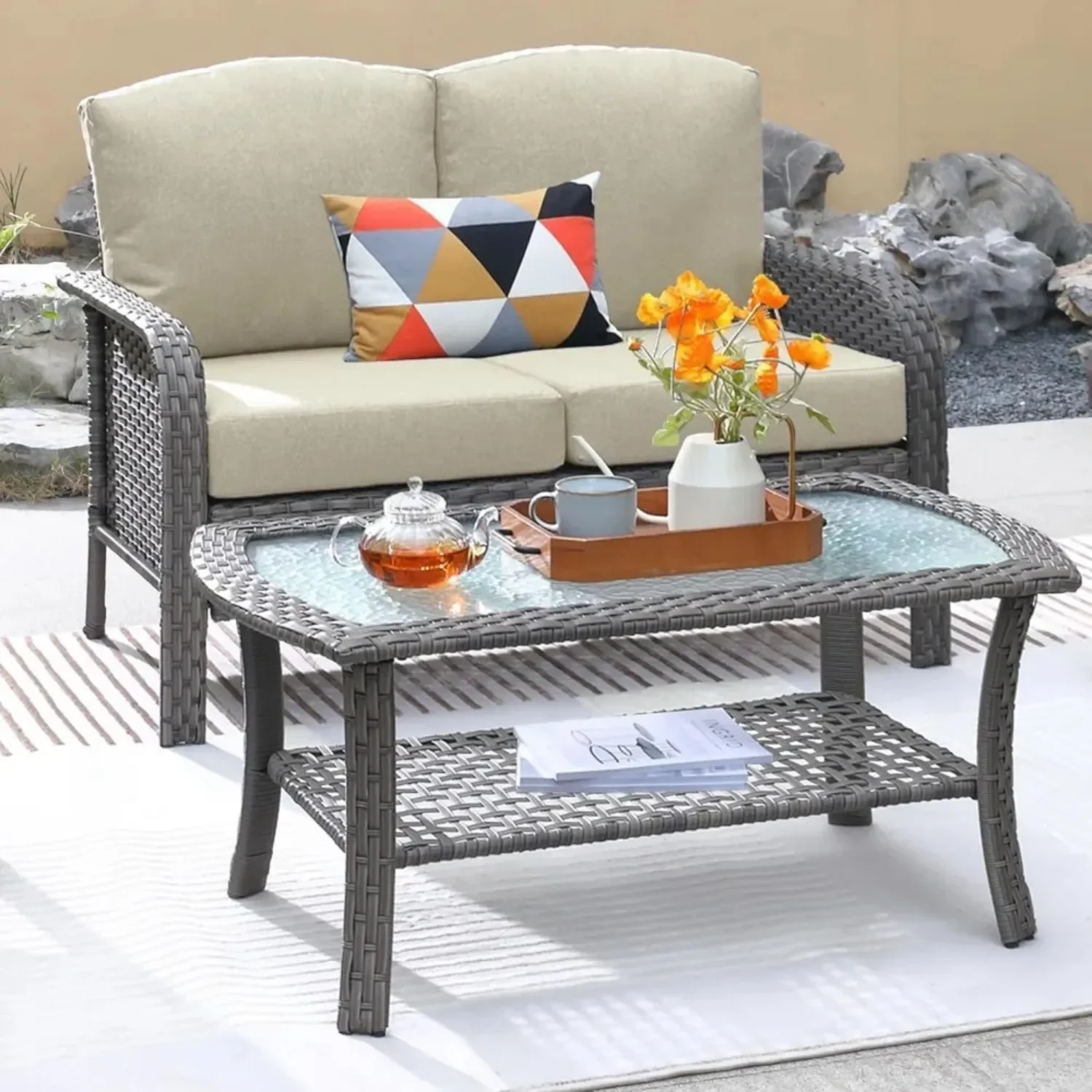 High Back Patio Wicker Sofa Set with Coffee Table Comfy Cushions for Porch Yard Deck, Custom