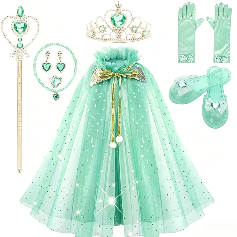 Winter Fairy Sequined Blue Tulle Cape Cosplay Outfit Kids Heart Crystal Scepter Matching Jewelry Long Bow Gloves Princess Shoes - view 3