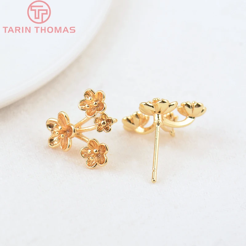 (2499)6PCS 13x15MM Hole 0.8MM 24K Gold Color Brass Three Flowers Stud Earrings High Quality Diy Jewelry Findings Accessories