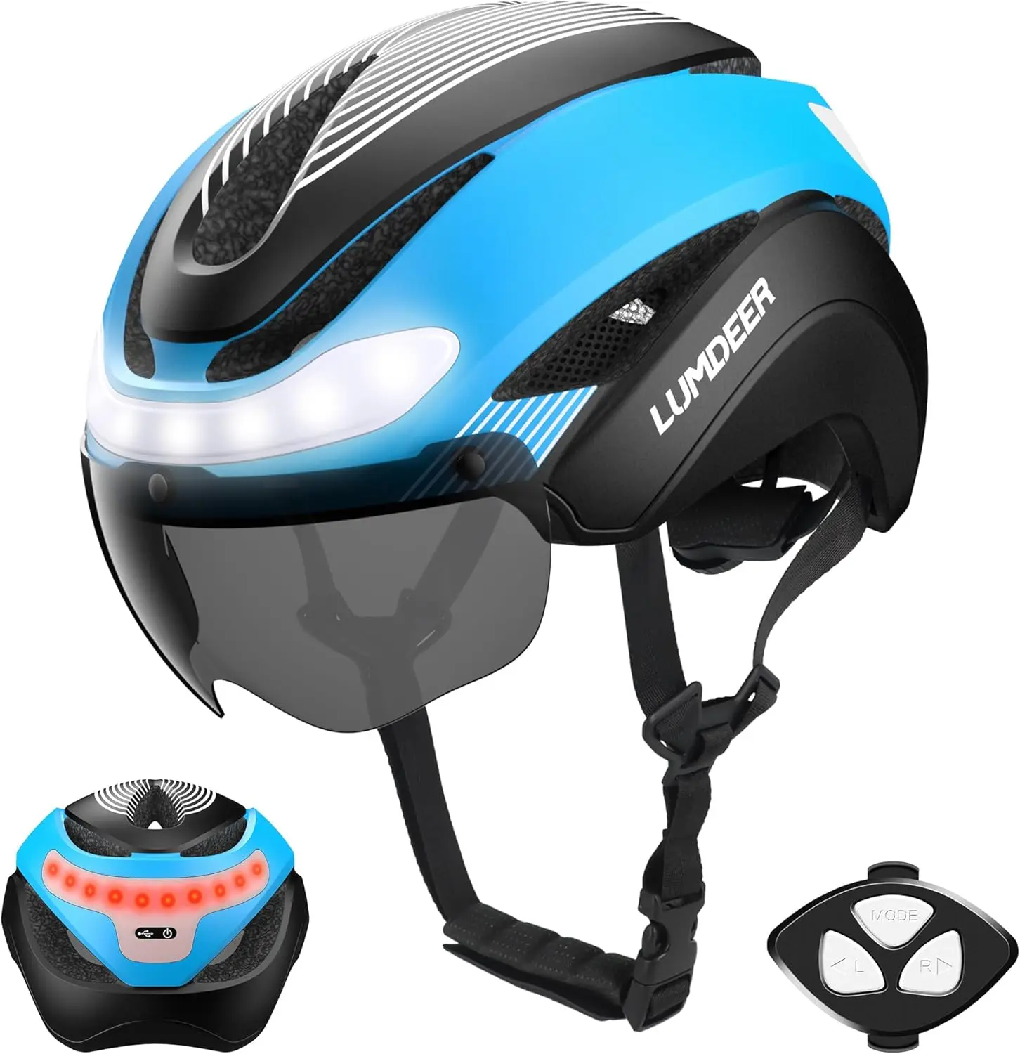 

LED Bike Helmet with Turn Signals, Rechargeable Lights, Visor & Goggles for Ebike and Scooter Commuting - Adjustable for Adults