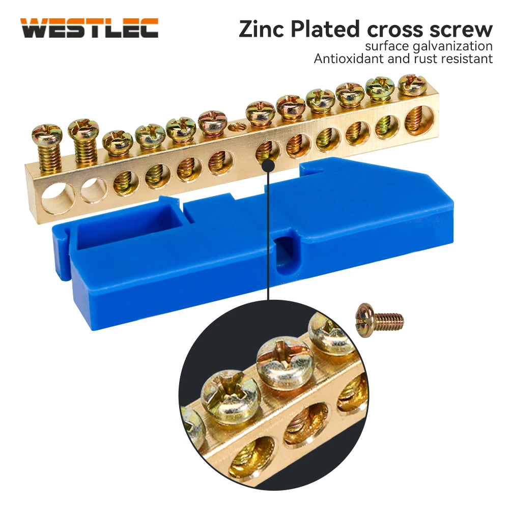 Din Rail Neutral Ground Bus Bar Terminal Block Brass 6/8/10/12way Earth Distribution Bar  Holes Electrical Wiring Connector