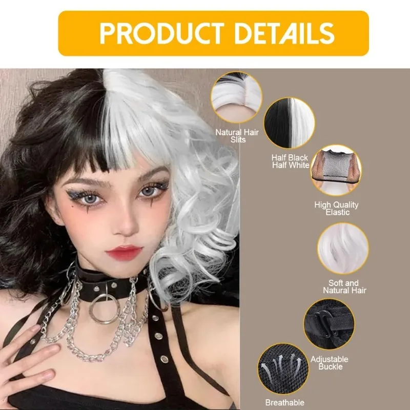 Cruella Black and White Color Wave Mid-length Hair 12 Inch with Bangs Forcosplay Hollween Party Daily Wear Give A Very Good Gift
