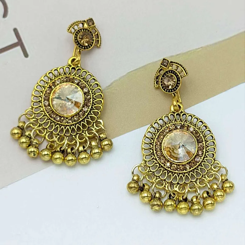 Ethnic Middle Eastern Fashion Indian Earrings Retro Imitation Large Gemstones Tassel Bells Earrings for Women Jhumka Jewelry