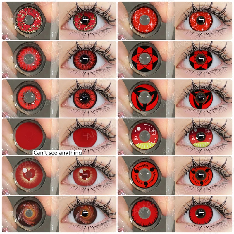 AMARA RED Kontaktlinsen für Augen, 2 Stück, Anime, Cosplay, farbige Linsen, verrückte Halloween-Linsen, Kontaktlinsen, Schönheit, Augen-Make-up